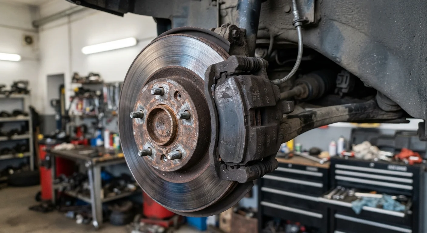Close-up of a car brake disc and brake pad assembly in a garage workshop setting.