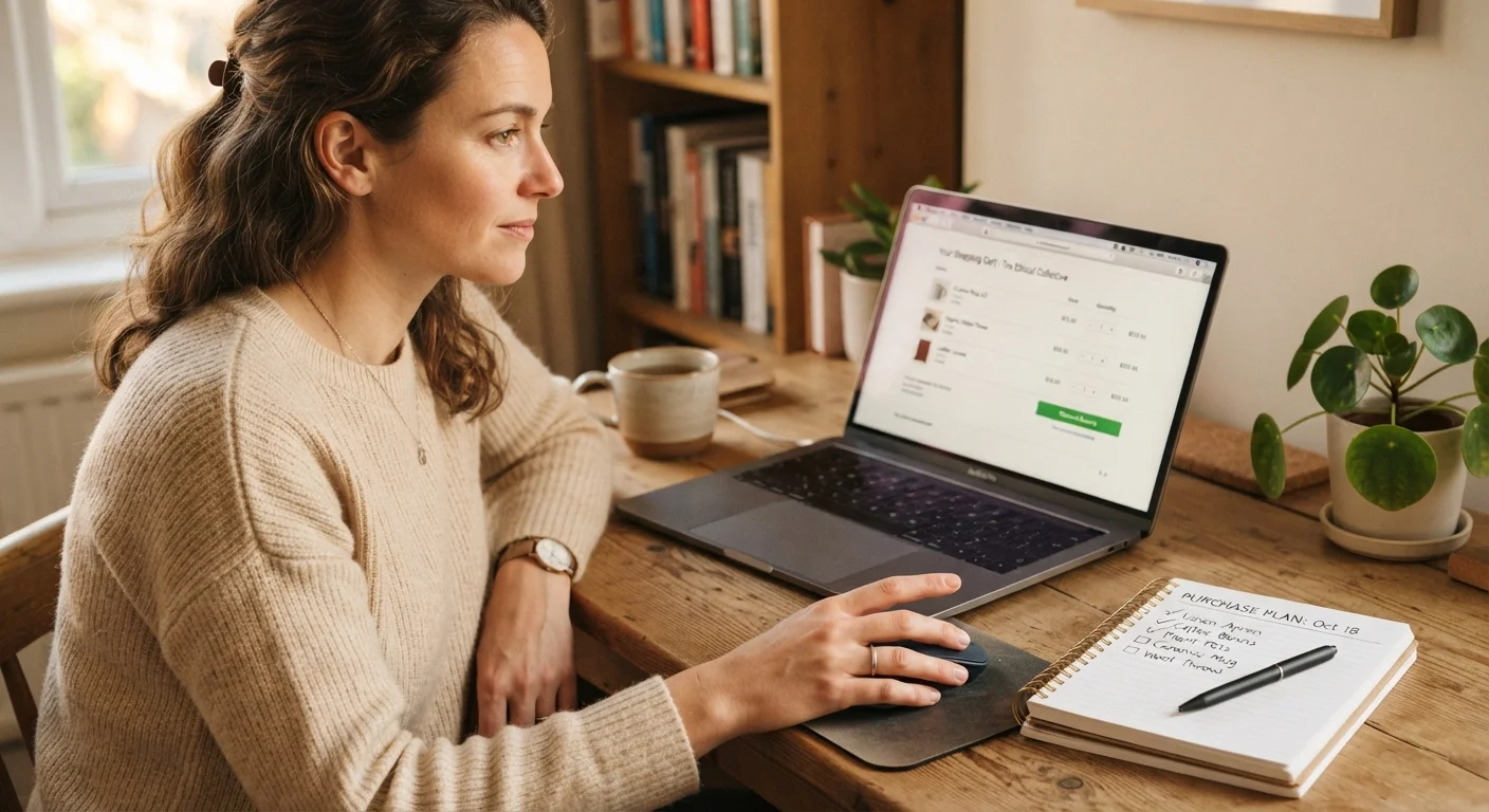 Shopper pausing before clicking buy online, with a handwritten checklist beside the laptop.