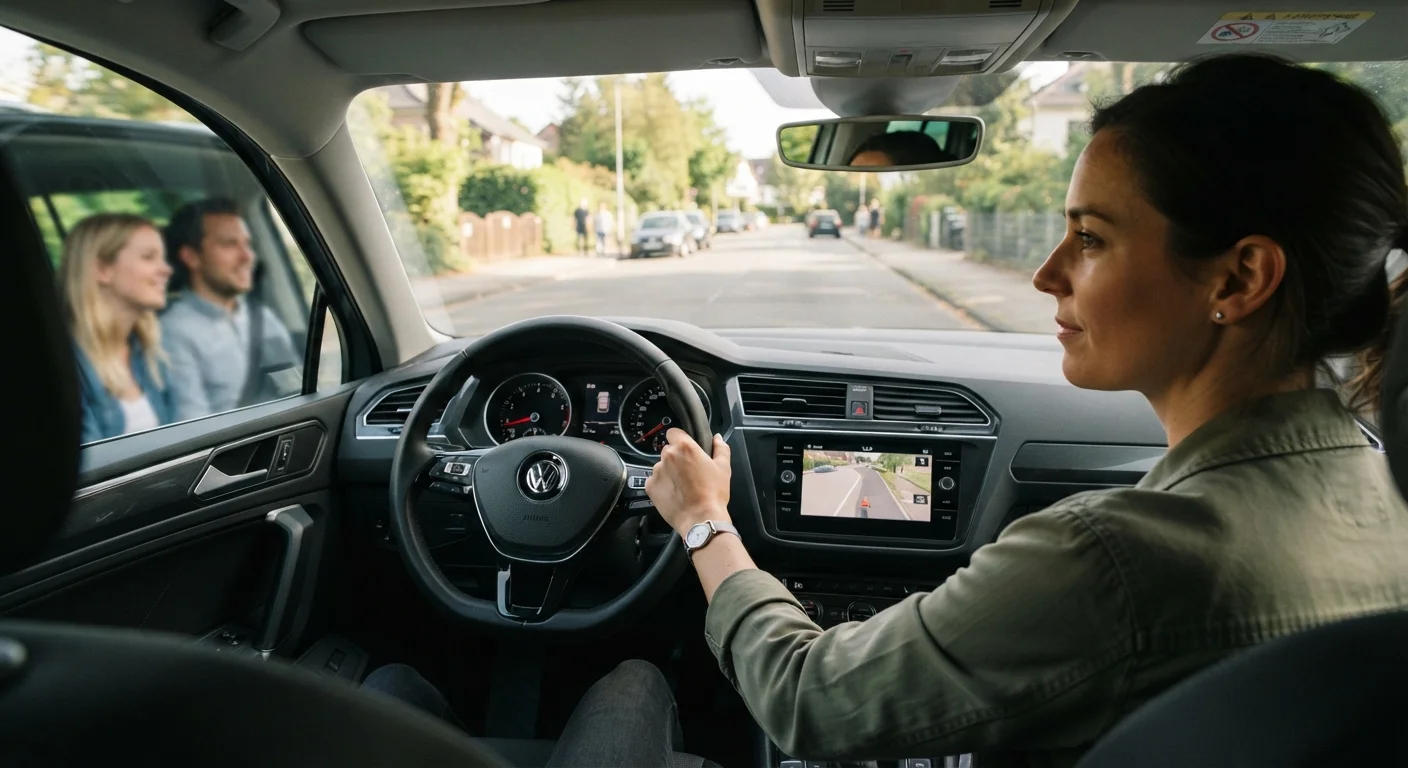 Driver's perspective from inside a car with passengers visible in the back seat