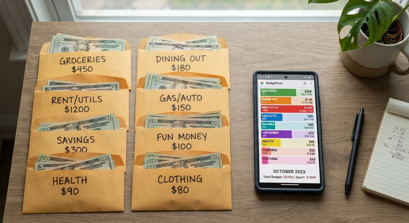 Cash-filled labeled envelopes and a smartphone displaying digital spending limit categories side by side