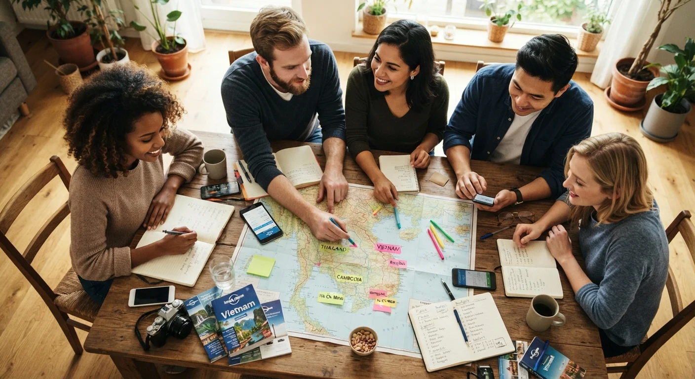 Group of friends collaboratively planning a trip together around a table with maps and notebooks