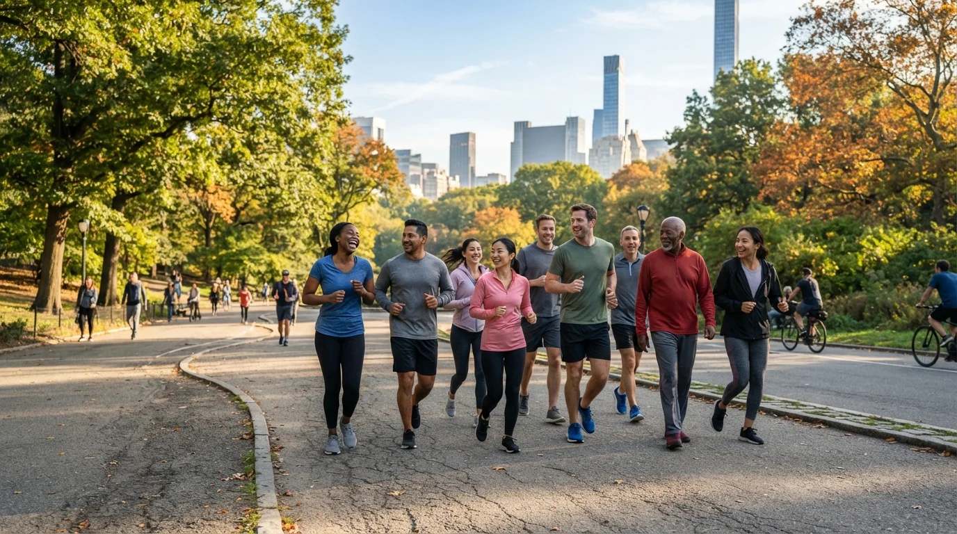 Diverse group of adults exercising together outdoors in a sunny urban park