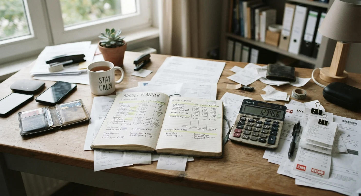 A desk covered with receipts, a budget notebook, and a calculator suggesting financial review