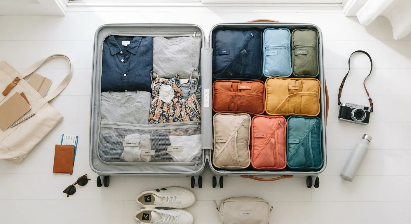 Open suitcase with colorful packing cubes neatly organized in rows alongside folded clothes