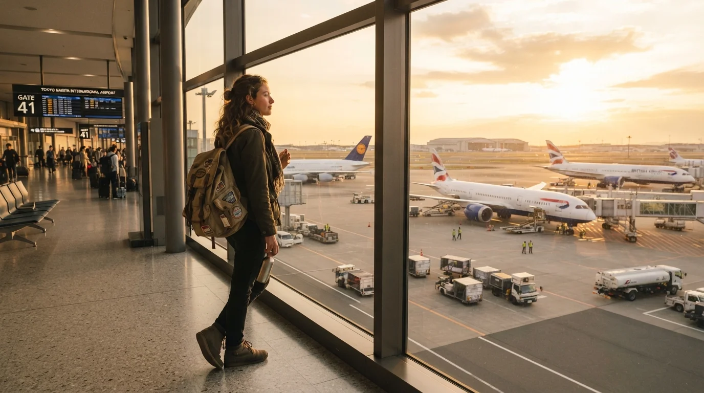 Solo traveler with backpack standing at airport terminal window looking at planes outside