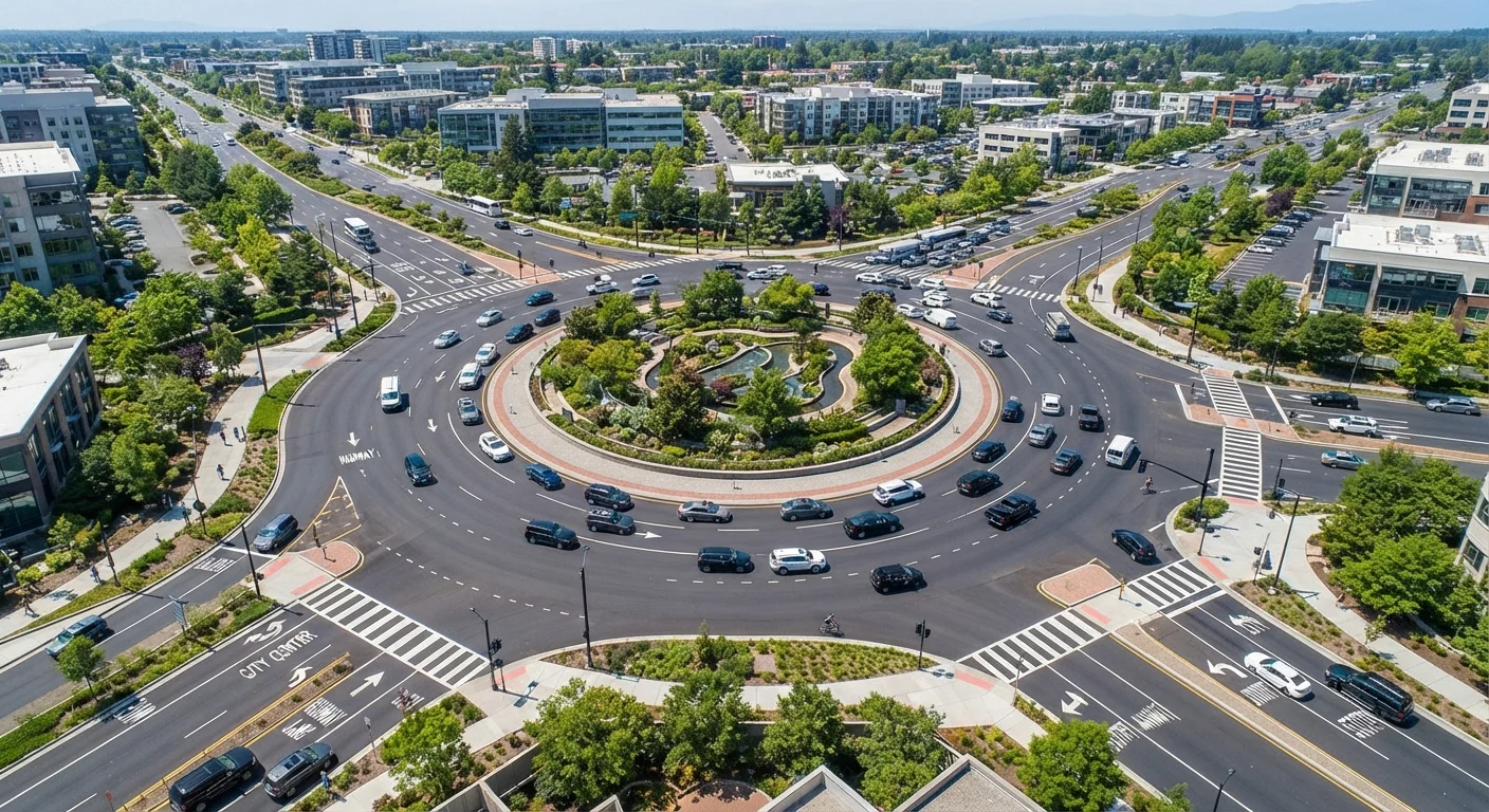 Aerial view of a multi-lane roundabout with several vehicles navigating through it