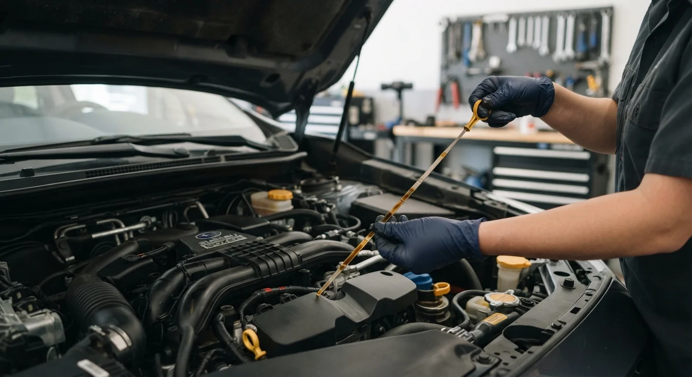 A mechanic checking engine oil level using a dipstick under an open car hood