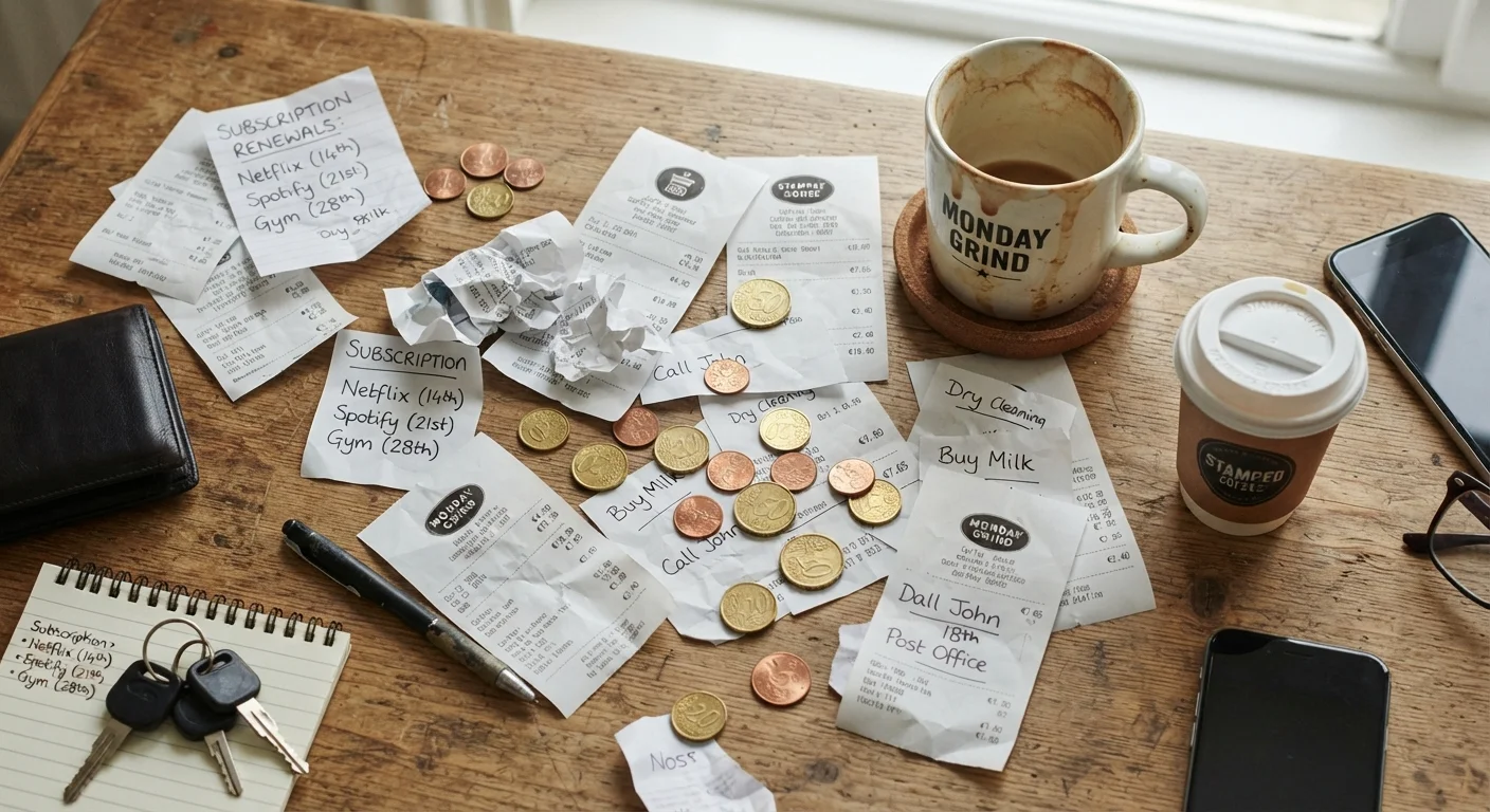 Scattered receipts, loose change, and subscription notes spread across a wooden desk