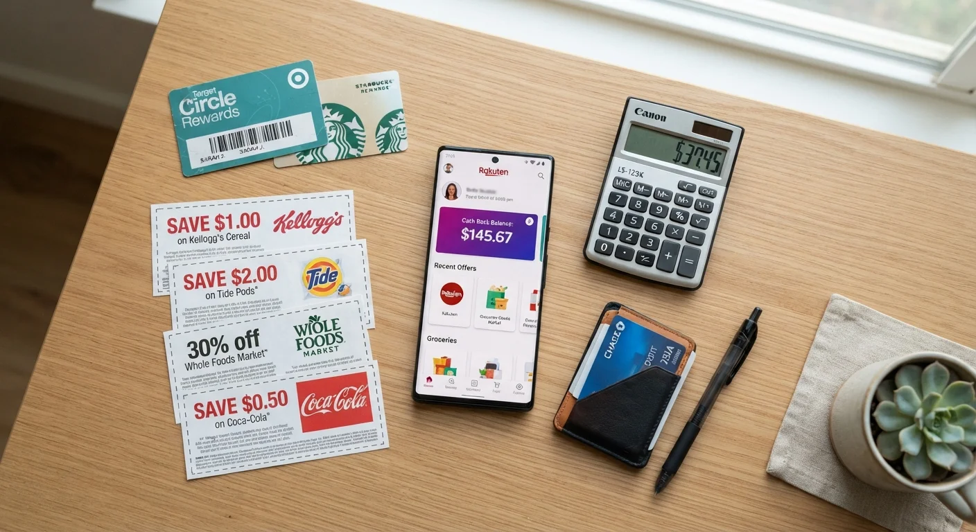 Smartphone with cashback app, coupons, loyalty card, and calculator arranged on a desk