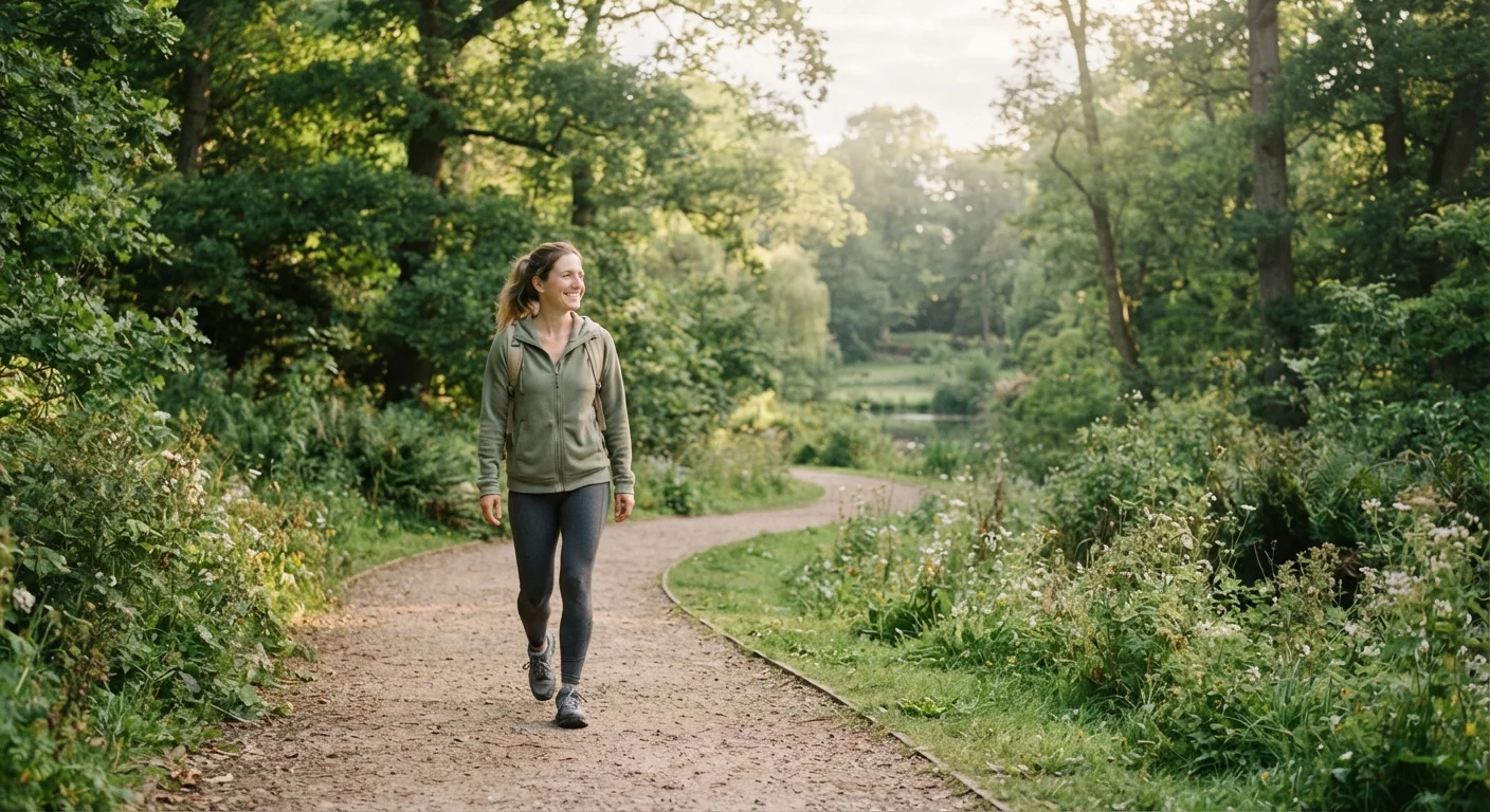 Person in casual clothing walking along a peaceful outdoor path in morning light
