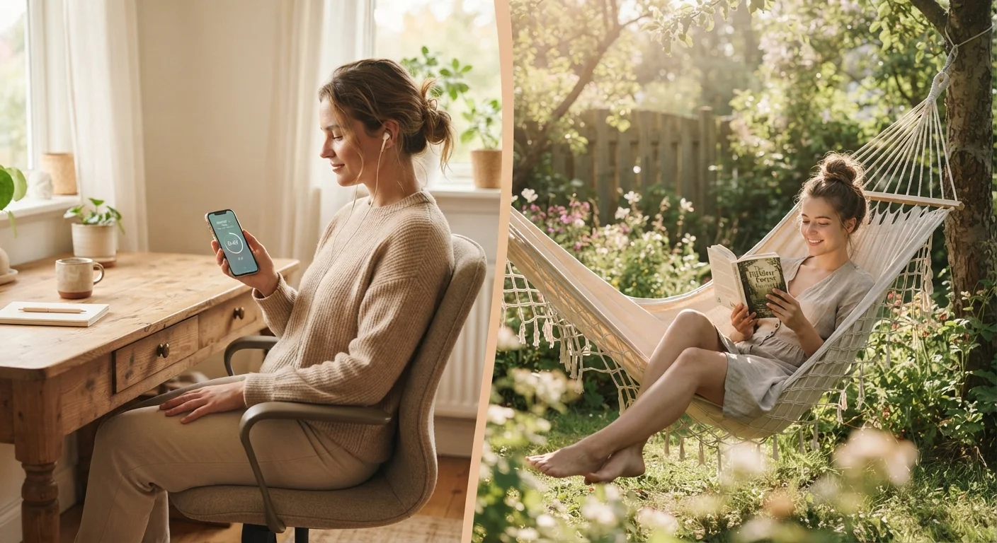 Split scene showing structured breathing practice on one side and free-form relaxation in a hammock on the other.