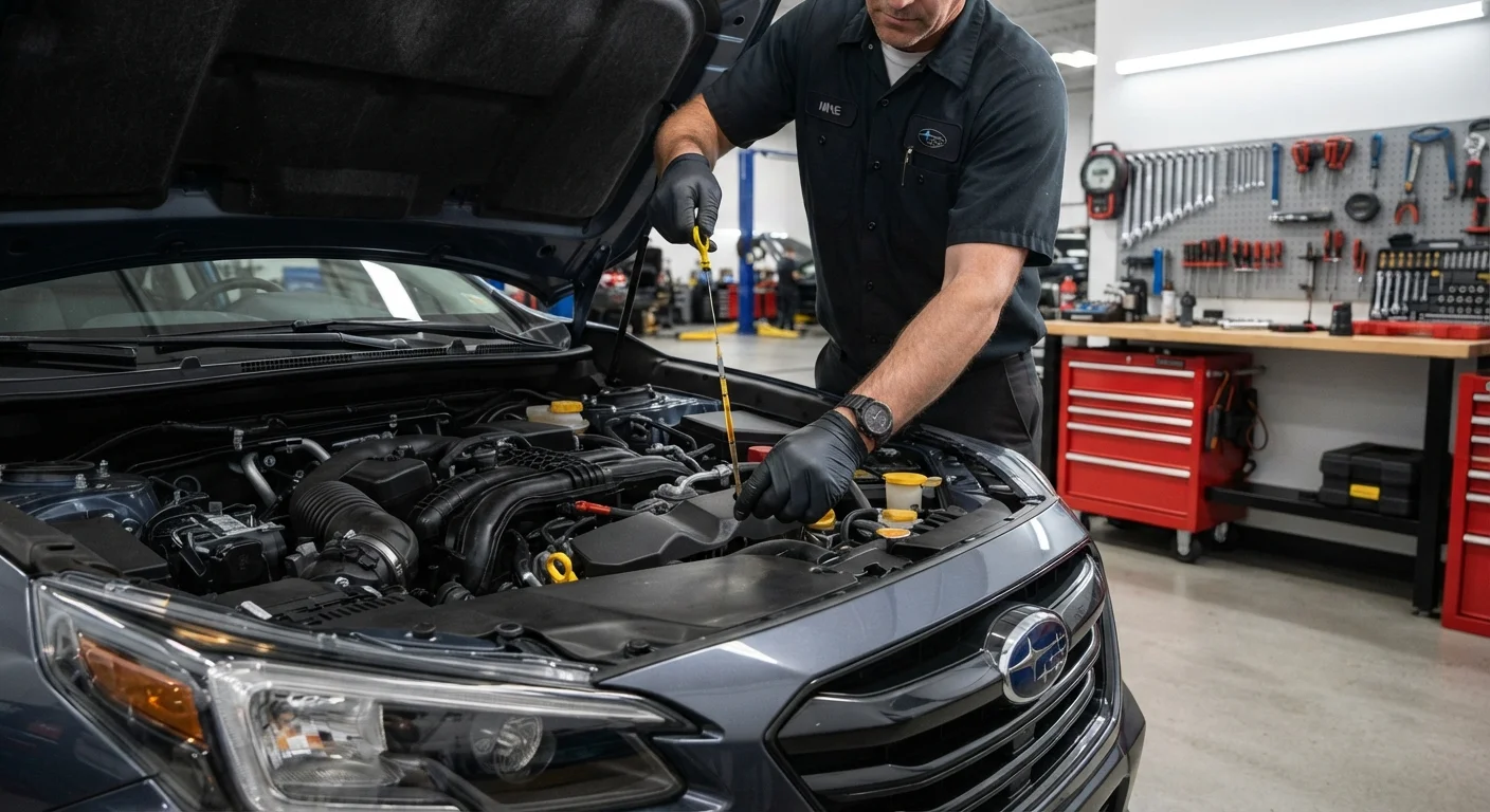 Hands checking engine oil level with a dipstick in a well-lit garage.