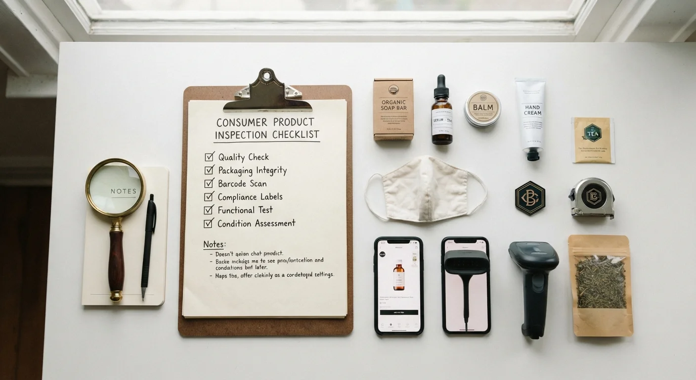 A clipboard checklist with a magnifying glass beside everyday consumer products on a white surface