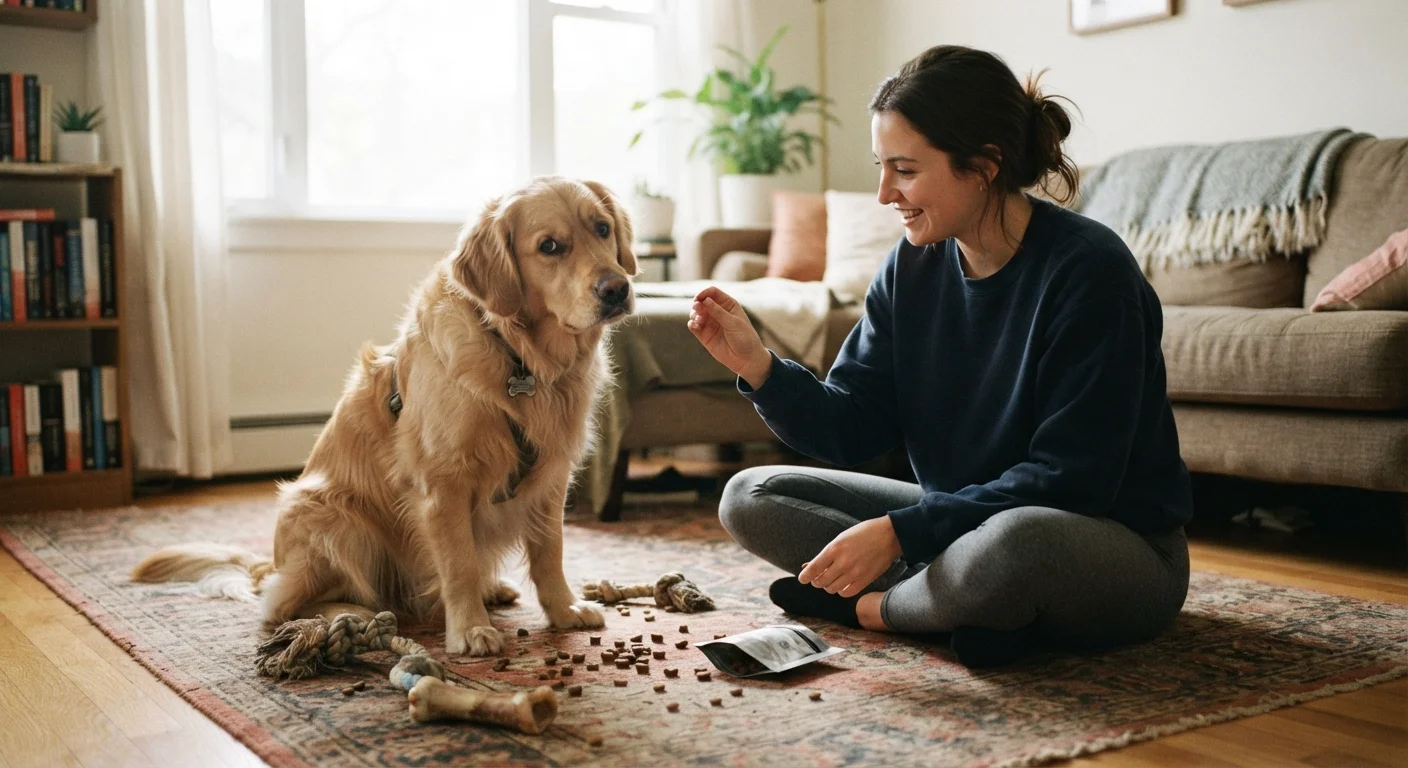 A pet owner sitting on the floor with a dog during a training session, looking thoughtful.