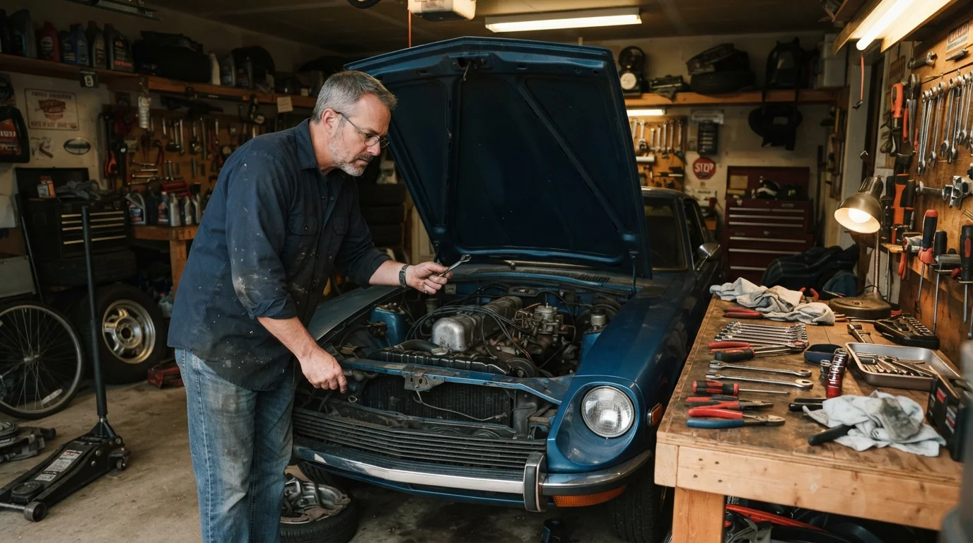 A person inspecting a car engine in a home garage with tools on a workbench nearby