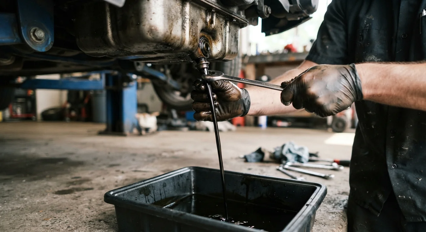 Person draining used motor oil from a car engine into a drain pan in a garage