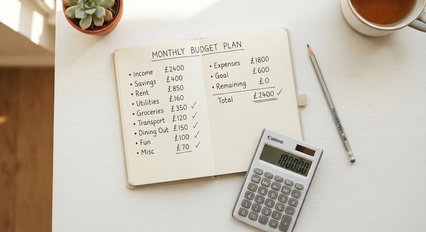 Handwritten monthly budget plan in a notebook beside a pencil and calculator on a white desk