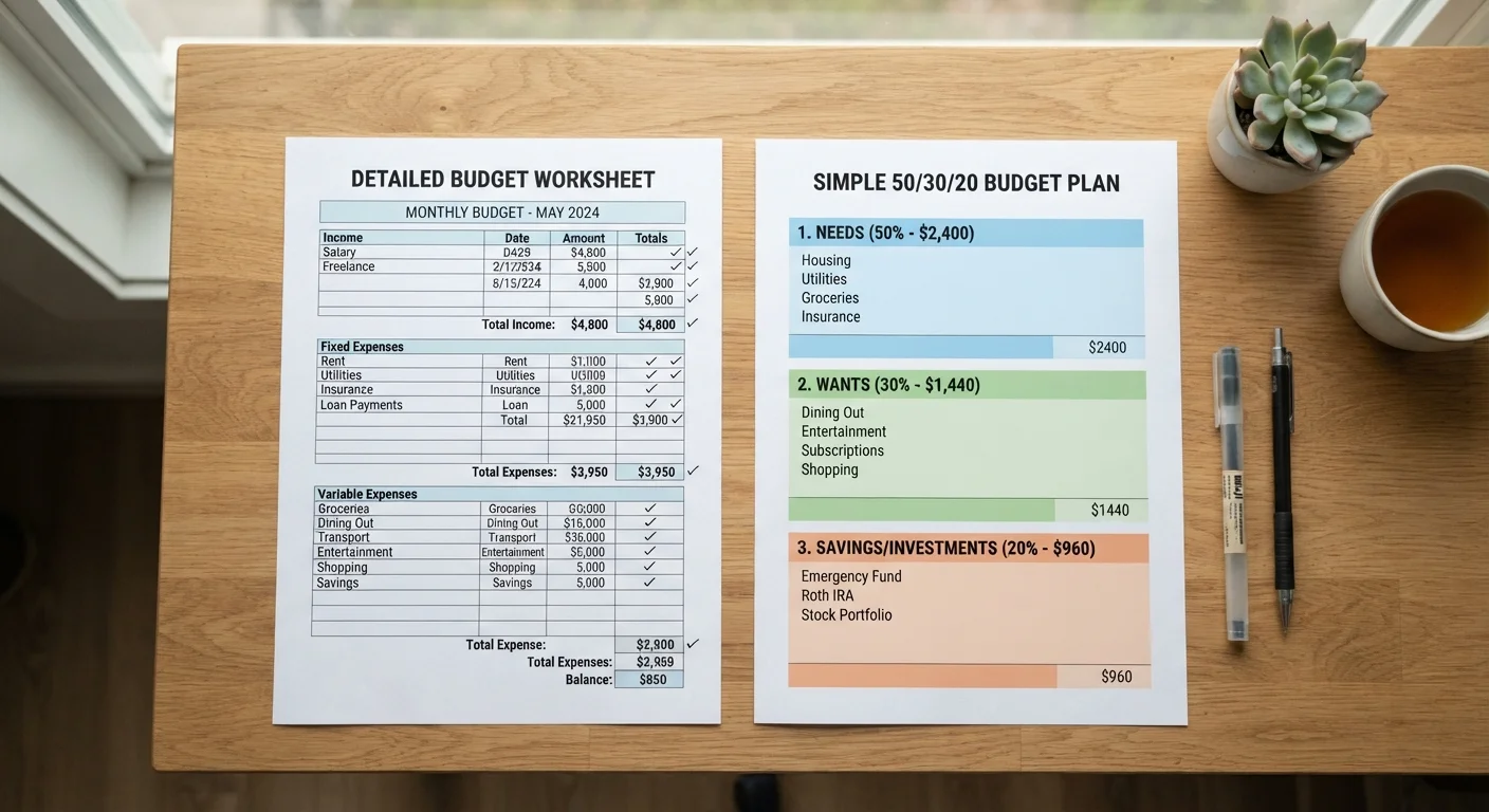 Two budget planning worksheets side by side on a desk representing two different budgeting methods
