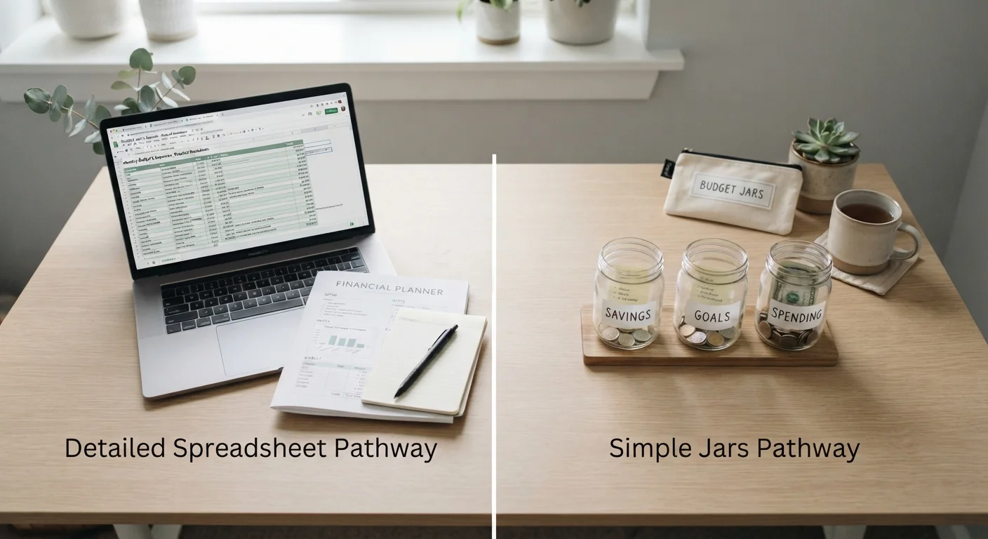 Two budgeting approaches represented by a detailed spreadsheet and three labeled savings jars on a desk